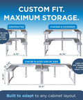 Expandable Two Tiered Spice Rack Organizer For Cabinet And Pantry Storage showing contracted and expanded configurations with dimensions.