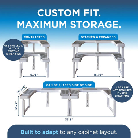 Expandable Two Tiered Spice Rack Organizer For Cabinet And Pantry Storage showing contracted and expanded configurations with dimensions.