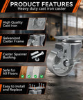 Image of Three Inch Industrial Cast Iron Casters Set Of Four Heavy Duty Swivel Wheels With 1400 Lb Capacity For Furniture Workbenches And Carts Semi Steel Yokes Durable Galvanized Finish showcasing features like high-quality cast iron, galvanized frame, and floor safety