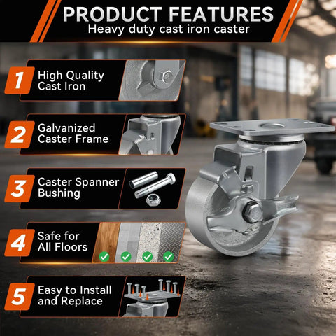 Image of Three Inch Industrial Cast Iron Casters Set Of Four Heavy Duty Swivel Wheels With 1400 Lb Capacity For Furniture Workbenches And Carts Semi Steel Yokes Durable Galvanized Finish showcasing features like high-quality cast iron, galvanized frame, and floor safety