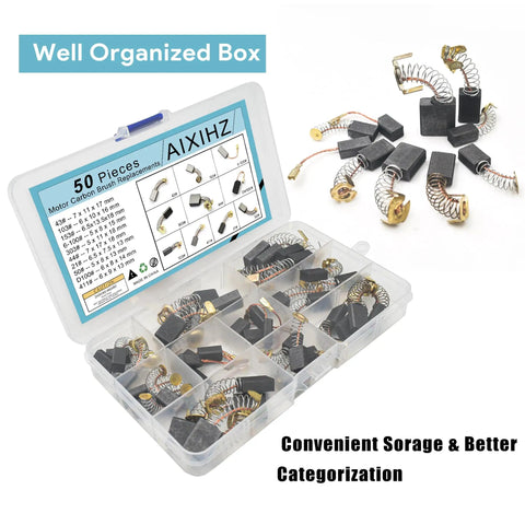 Carbon Brush Set For Electric Motors 50 Pieces In 10 Sizes Replacement Parts For Power Tools Including Angle Grinders Hammer Drills Circular Saws