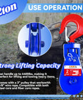 Beefy 2 Ton Snatch Block With Swivel Hook 3 Inch Sheave For Three Eighths Inch Wire Rope Heavy Duty Snatch Pulley With 4400 Lb Working Load Limit For Quick Towing And Recovery On Rollback Wrecker And Car Hauler Winches, shown with red hook