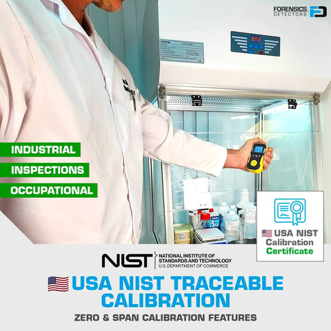 Technician using CO Detector Meter With 0 To 1000 PPM Range NIST Calibrated In USA Electrochemical Sensor in lab environment.