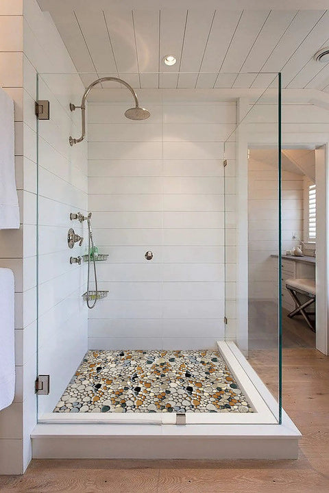 Beige Pebble Shower Floor Tile Mosaic Set For Bathroom Wall Backsplash 5 Sheets Covering 5 Sq Ft Mesh Mounted Pebble Tiles With Foam Pads Safely Packed In Thick Carton Box