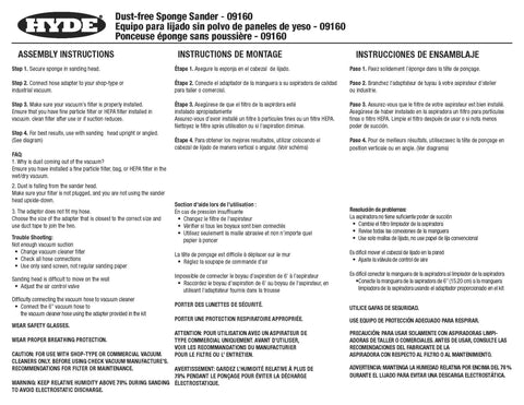 Assembly instructions for Lightweight Dust Free Sponge Sander Kit With Vacuum Hose And Two Sponges in multiple languages.