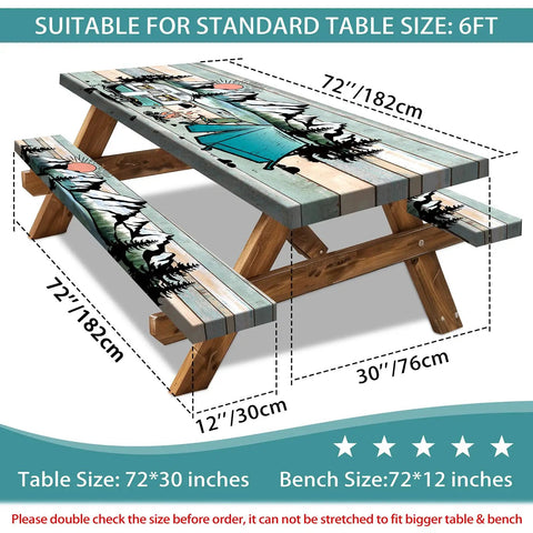 Waterproof 6 Foot Picnic Table Cover With Elastic Bench Covers 3 Piece Set Fitted Wood Texture Tablecloth For Outdoor Dining Camping And Backyard Daily BBQ