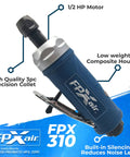 One Quarter Inch Straight Die Grinder for Auto Shops, a True Workhorse, Air Powered Pneumatic Tool, shown with FPX branding