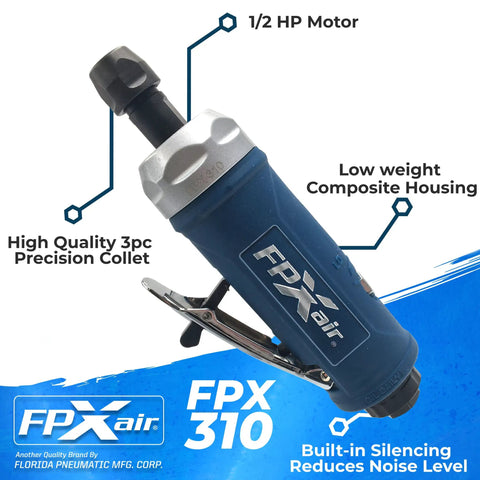 One Quarter Inch Straight Die Grinder for Auto Shops, a True Workhorse, Air Powered Pneumatic Tool, shown with FPX branding