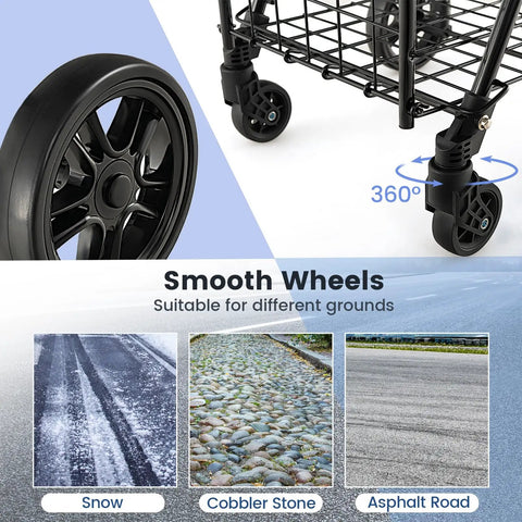 Foldable Grocery Hauling Cart With Dual Basket And 360 Degree Wheels on various terrain