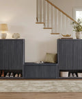 High Capacity Fluted Wooden Shoe Cabinet With Six Tier Hidden Footwear Storage For Entryway Featuring Adjustable Inside Shelves And Sleek Doors.