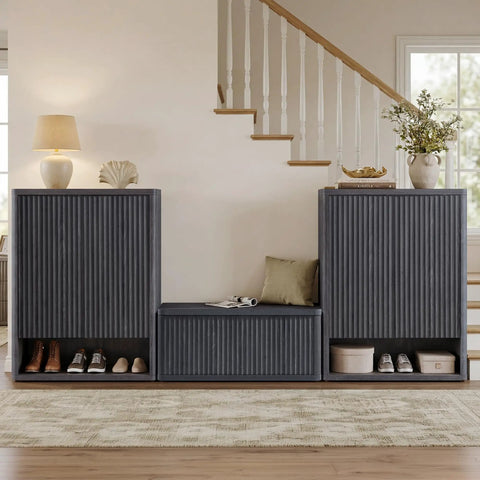High Capacity Fluted Wooden Shoe Cabinet With Six Tier Hidden Footwear Storage For Entryway Featuring Adjustable Inside Shelves And Sleek Doors.