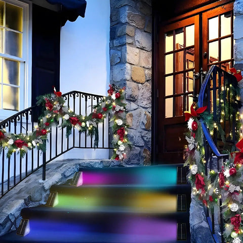 Upgrade Your Backyard With Solar Powered Deck Lights Eight Pack Led Step And Fence Lights For Patio Pool Garden Stairs Warm White Daily Lighting Or Color Changing Modes For Festive Party Vibes on outdoor steps decorated with garlands