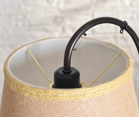 Detail of Fly Rod Table Lamp in Oil Rubbed Bronze With Wood Accent Finish, Rustic Lodge Style, drum shade interior view