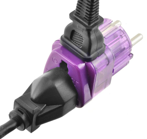 Close-up of Africa Travel Adapter Set 4 Pack with Dual Ports and Surge Protection, showing Type C plug with inserted black cable.