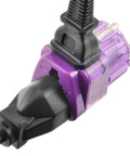 Close-up of purple Four Piece Asia Travel Adapter Set With Dual Plug Ports And Built In Surge Protection, two plugs inserted.