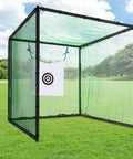 Outdoor view of Indoor Golf Enclosure 11x8ft Heavy Duty Net with HD Dual-Layer Impact Screen set up on grass