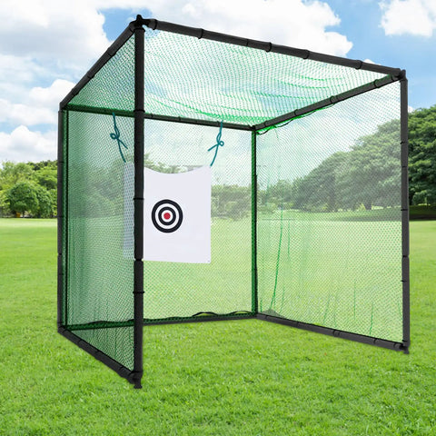 Outdoor view of Indoor Golf Enclosure 11x8ft Heavy Duty Net with HD Dual-Layer Impact Screen set up on grass
