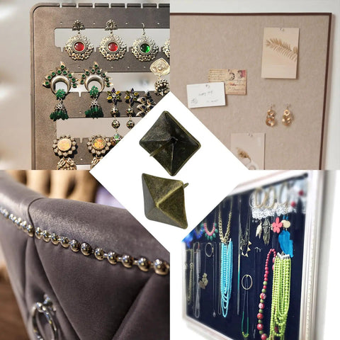 Badass Bronze Upholstery Tacks 50 Pack Square Head Bubble Nails For Furniture Crafting Decorative Thumb Tacks With Vintage Polish displayed with jewelry.