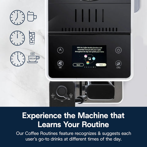 One Touch Automatic Espresso Machine With Integrated Grinder And Smart Milk Frother In Sleek White Delivers Eighteen Shop Quality Shots That Truly Hit Different Every Day control panel showcasing smart features.