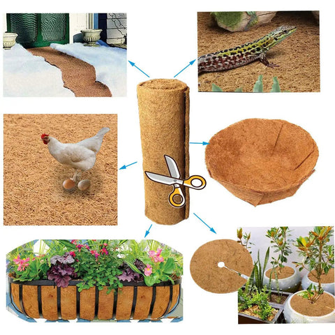 Natural Coconut Coir Liner Roll 12x80 Inch Thick Coco Fiber Sheets for planters, baskets, garden decor, and pet pad liner illustrated.