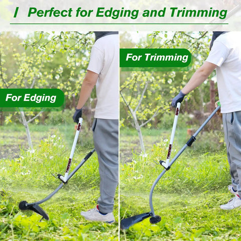 Person using Upgraded Weedeater Handle With Ergonomic Trimmer Grip Extension For Weed Eater Keeps You Upright And A Back Saver Pain Free