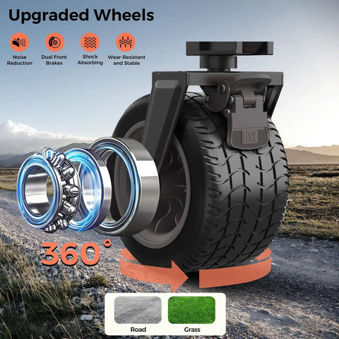 Close-up of upgraded 360-degree wheel for collapsible wagon cart with wheels 150L foldable grocery wagon.
