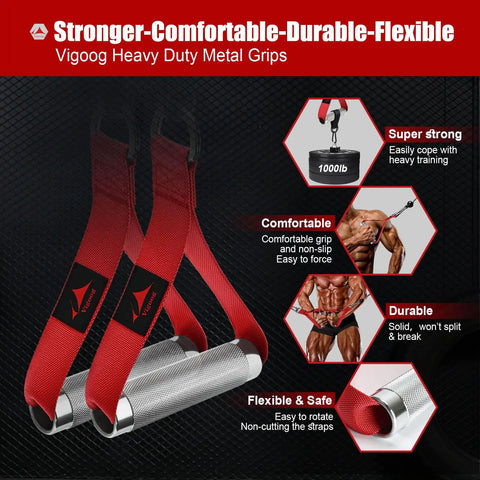 Rock Solid Aluminum Alloy Workout Handles with knurled grip and red straps for cable machines and lat pulldowns.