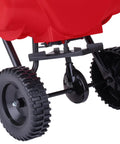 Beefy Workhorse Walk Behind Broadcast Spreader with 65 pound hopper, close-up of wheels and epoxy coated frame.