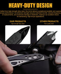 21 Piece Double Ended Screwdriver Bit Kit For Leatherman Multi Tool Screwdrivers Go To Flat Bits Built Tough From Industrial Grade S2 Hardened Steel Includes Dual Sheaths And Sturdy Storage Pouch in use with close-up comparison of high strength alloy steel vs poor quality steel.