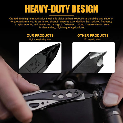 21 Piece Double Ended Screwdriver Bit Kit For Leatherman Multi Tool Screwdrivers Go To Flat Bits Built Tough From Industrial Grade S2 Hardened Steel Includes Dual Sheaths And Sturdy Storage Pouch in use with close-up comparison of high strength alloy steel vs poor quality steel.