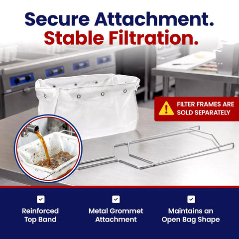 Heavy Duty Micro Mesh Fryer Oil Filter Bag For Commercial Kitchens with secure attachment and metal grommet for stable filtration.