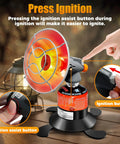 8500 BTU Portable Propane Heater for Camping and Outdoors with reinforced base and tank holder, showing ignition assist button use.