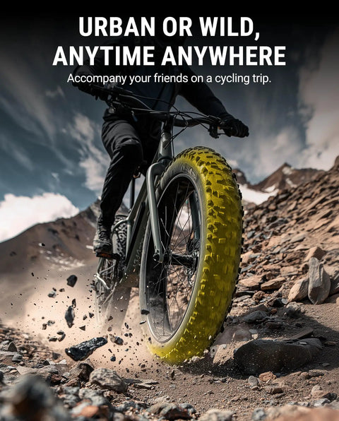 Cyclist riding through rocky terrain with Fat Bike Tire Liner For Mountain Bikes Puncture-Resistant Protector 20 to 29 Inch Wheels