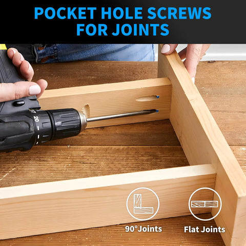 Using 2-1/2 Inch Pocket Hole Screws Size 8 Blue Coated Outdoor Grade 325 Pieces to create joints in wood with drill.