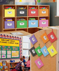 8 Pack Colorful Composition Notebook Mesh Zipper Pouch Bags 9x13 Inch A4 on classroom shelves and pegboard display