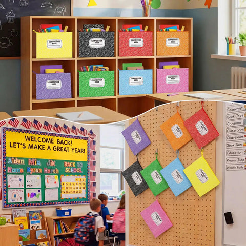 8 Pack Colorful Composition Notebook Mesh Zipper Pouch Bags 9x13 Inch A4 on classroom shelves and pegboard display
