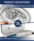 Top Shelf 304 Stainless Steel Ultrasonic Cleaner Baskets With Super Soft Lint Free Microfiber Cloths, showing comparison of dirty water vs easy access to clean jewelry.