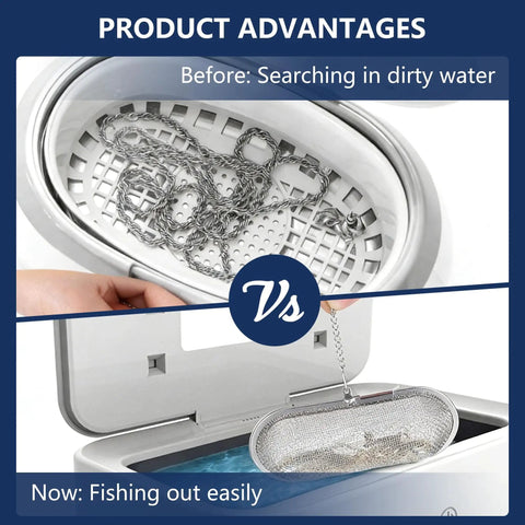 Top Shelf 304 Stainless Steel Ultrasonic Cleaner Baskets With Super Soft Lint Free Microfiber Cloths, showing comparison of dirty water vs easy access to clean jewelry.