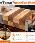 Close-up view of 48 Inch Panel Clamps 2 Pack with U Shaped Pressure Blocks holding wooden boards for precise alignment.