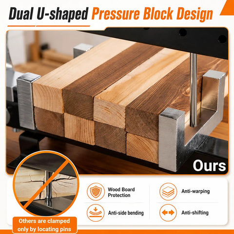 Close-up view of 48 Inch Panel Clamps 2 Pack with U Shaped Pressure Blocks holding wooden boards for precise alignment.