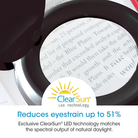 Close-up of 3-inch optical lens on All In One LED Desk Lamp With Built In Magnifier Go To Tool showing text magnification.