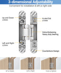 Hidden Door Hinge Set 6 Inch Silver 2 Pack With 3 Way Adjustable 180 Degree Swing Copper Support Concealed Built Tough Hinge For Doors 88 Lb Load Bearing showing adjustability diagram