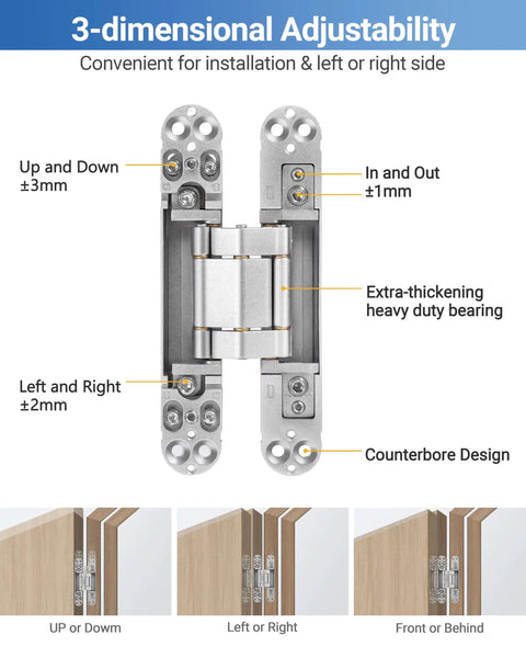 Hidden Door Hinge Set 6 Inch Silver 2 Pack With 3 Way Adjustable 180 Degree Swing Copper Support Concealed Built Tough Hinge For Doors 88 Lb Load Bearing showing adjustability diagram