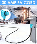 30 Amp RV Power Cord 50 Feet 125 Volt TT 30P Male To L5 30R Twist Lock Right Angle Cable ETL Listed Pure Copper Heavy Duty For Campers And Trailers Ready To Roll In Any Weather. RV hookup in snow with 50-foot cord
