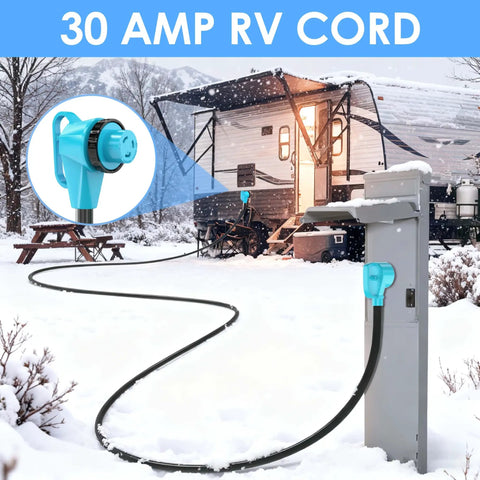30 Amp RV Power Cord 50 Feet 125 Volt TT 30P Male To L5 30R Twist Lock Right Angle Cable ETL Listed Pure Copper Heavy Duty For Campers And Trailers Ready To Roll In Any Weather. RV hookup in snow with 50-foot cord