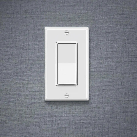 White 20 Pack Single Pole Decorator Light Switch With Wall Plate 15A 120 277V AC Rocker Paddle Interrupter mounted on gray wall