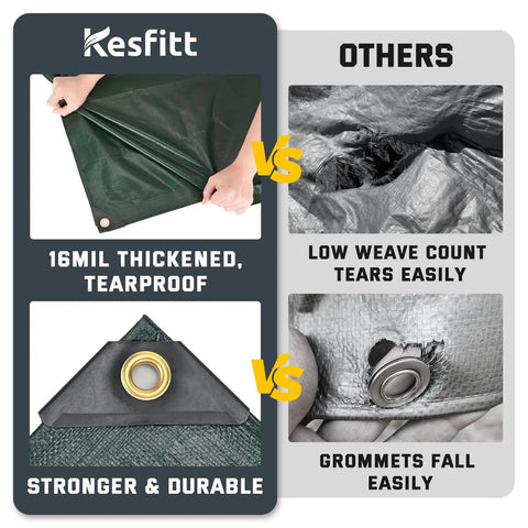 16 Mil Heavy Duty Waterproof Tarp With Metal Grommets, Reversible Dark Green And Blue Poly Tarp comparison, 10x12 Ft Outdoor Shelter