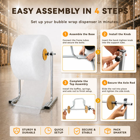 Heavy Duty Manual Bubble Wrap Roll Dispenser For Shipping Supplies Moving Tasks And Small Biz Packing With Safety Cutter And Nonslip Base in assembly steps.