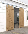 Outdoor barn with two wooden doors on Heavy Duty 16Ft Outdoor Sliding Barn Door Hardware Kit With Galvanized Steel Track, 450 Lb Capacity