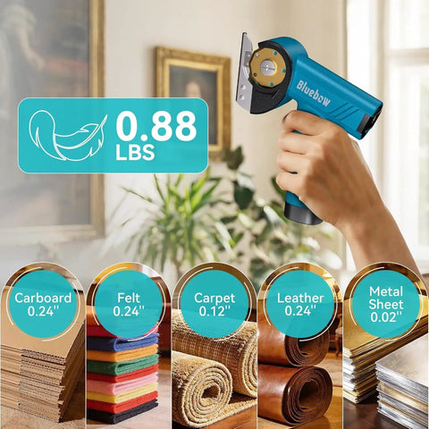 Bluebow Cordless Electric Scissors With Rechargeable Battery For Cutting Cardboard Box 1/4 Inch Thick Heavy Duty Power Tool showing cutting capabilities on materials.